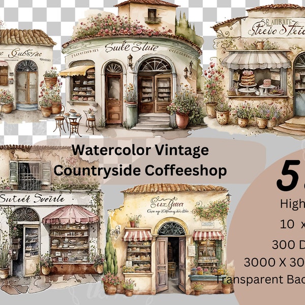 Watercolor Lovely Vintage Countryside Style Coffee Shophouse, High Quality Clip Arts  ,Transparent Background,  Digital download