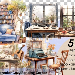 Watercolor Cozy Reading Corner  , High Quality Clip Arts  ,Transparent Background,  Digital download