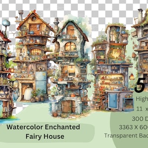 Watercolor Enchanted Whimsical Fantasy Fairy Tale House   , High Quality Clip Arts  ,Transparent Background,  Digital download