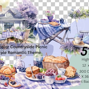 Watercolor Countryside Picnic Purple Romantic Theme , High Quality Clip Arts  ,Transparent Background,  Digital download