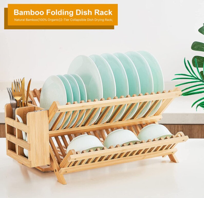 3 Tier Collapsible Large Dish Rack Bamboo Dish Drying Rack Wooden Kitchen Counter Dish Drying Rack Utensil Holder Dish Drainer