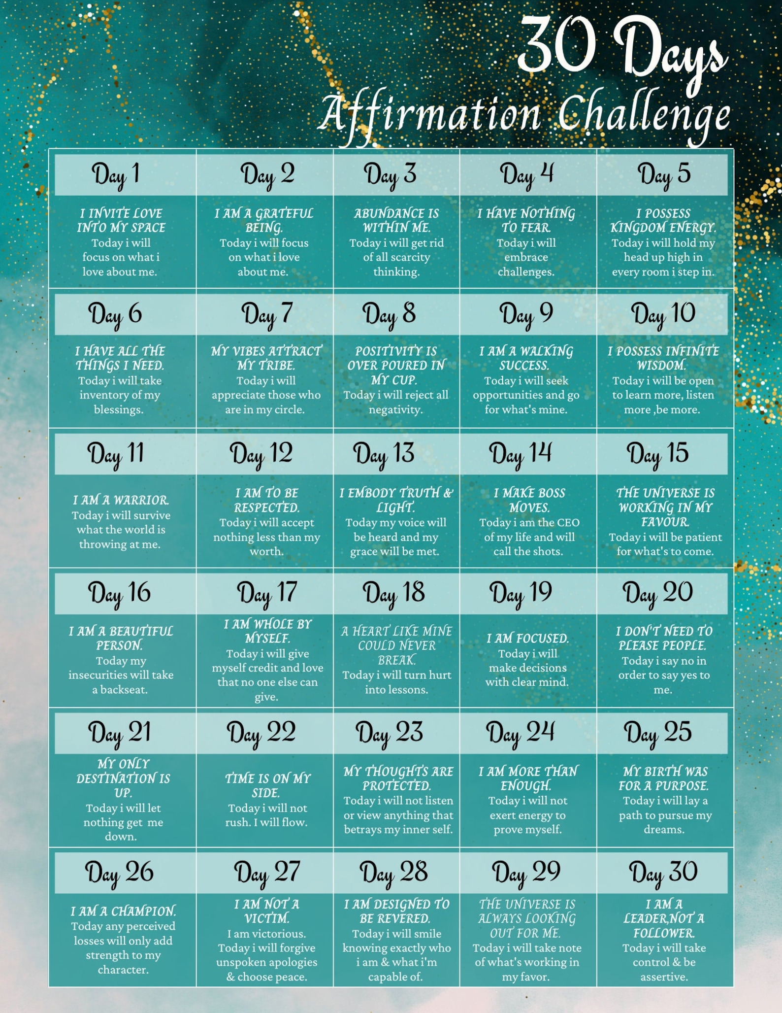 30 Days Affirmations Challenge Calendar Printable Template, Monthly