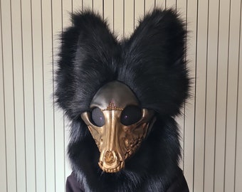 Premade black & gold fursuit skulldog head