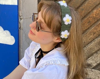 Harajuku verpleegster hoofdband met witte bloemen - gehaakte emmerhoed, haarsjaal, twist hoofdband - unieke Kawaii Fashion