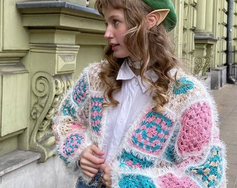 Granny Square Crochet Cardigan , Vegan Shirt , Colorful Sweater , Coquette Clothing , Cotton Yarn , Kawaii Clothes , Harajuku Style