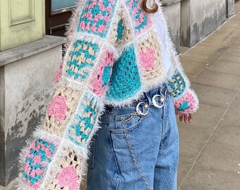 Colorful Granny Square Crochet Cardigan - Cotton Vegan Sweater for Kawaii Wardrobe, Harajuku Style , Recycled Yarn, One Size