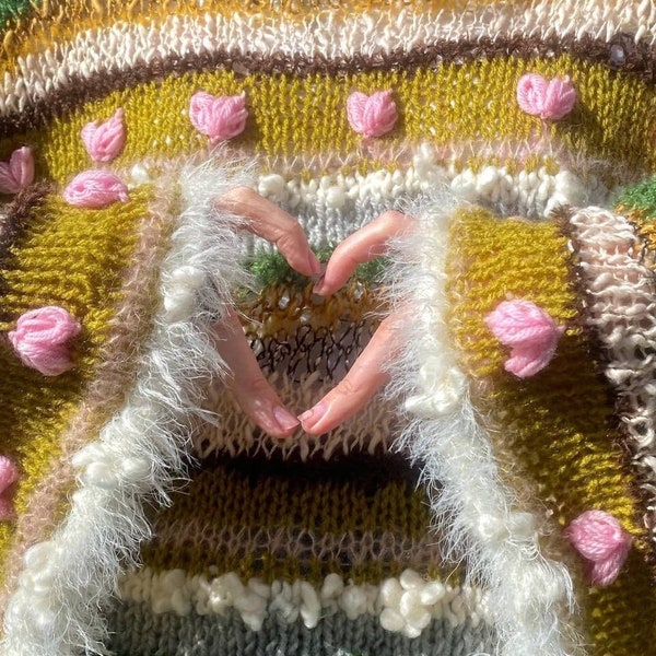 Colorful Heart Print Goblin Core Sweater: Eco-Friendly, Cottagecore Zero waste Yarn, Coquette Chic