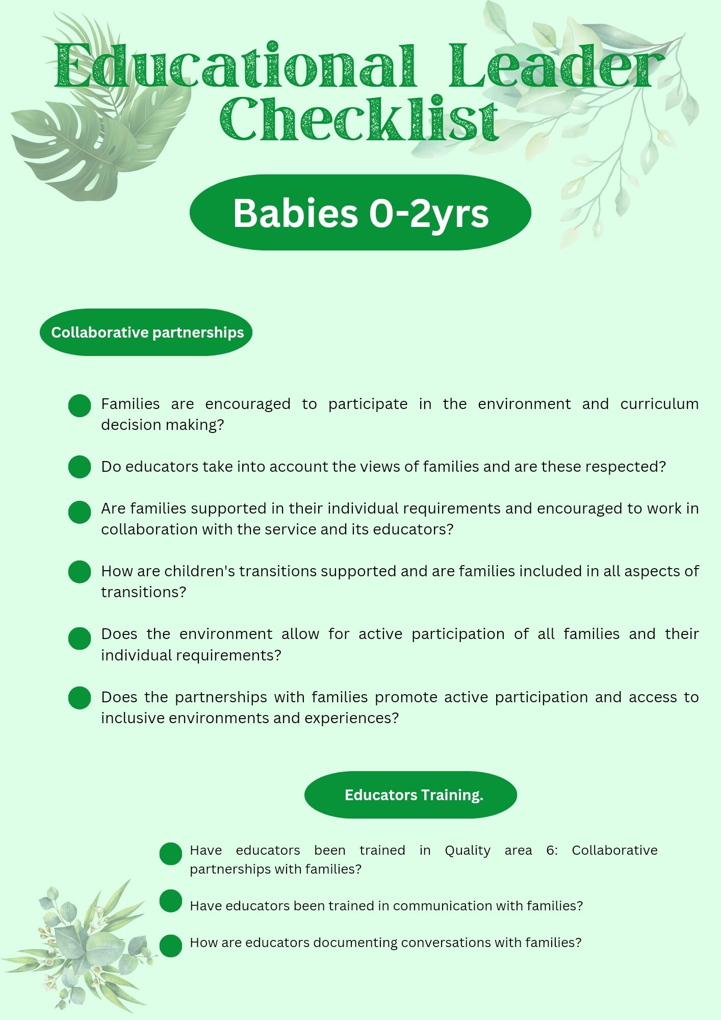 Educational Leader Checklist Early Childhood Education and Care ...