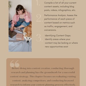Op de afbeelding: Een vrouw zit op een bed met een hond en werkt op een laptop. De tekst op de afbeelding luidt "Onderzoek en planning" en somt drie stappen op: Inventarisatie van bestaande content, Prestatieanalyse en Identificatie van content gaps.