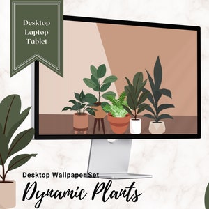 Puede incluir: Un conjunto de 15 fondos de pantalla digitales para escritorio que presentan una variedad de plantas en macetas en un estilo minimalista. Las plantas son de diferentes tonos de verde y marrón, y el fondo es de un color melocotón suave. El texto "Dynamic Plants" se muestra debajo de la imagen.
