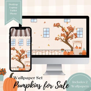 Peut inclure: Un ensemble de papiers peints numériques représentant deux scènes automnales avec un stand de citrouilles et un arbre aux feuilles orange. Le texte "Pumpkins for Sale" est inclus dans l'image. L'ensemble comprend deux papiers peints, un pour ordinateur de bureau et un pour mobile.