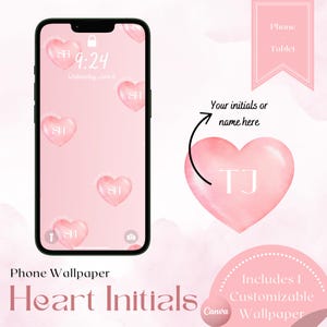 May include: A pink phone wallpaper with a heart design featuring the initials "TJ". The wallpaper is customizable and includes a pink background with smaller hearts.