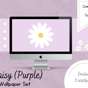 May include: A set of three computer and tablet wallpapers featuring a white daisy on a purple background. The text "Daisy (Purple) Wallpaper Set" and "Includes 3 Wallpapers" is also included.