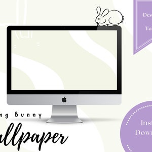 Puede incluir: Un fondo de pantalla digital para escritorio que presenta un conejo blanco sentado en la parte superior de un monitor de computadora. El fondo es de color verde claro con formas abstractas blancas. El texto "Spring Bunny Wallpaper" está en la parte inferior de la imagen. El texto "Desktop + Tablet" está en una pancarta morada en la parte superior derecha de la imagen. El texto "Instant Download" está en un círculo morado en la parte inferior derecha de la imagen.