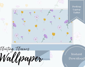 Floating Flowers- Blue Desktop Laptop Computer Background Wallpaper Mac / iPad/ PC / Tablet / Android / Simple Spring Design