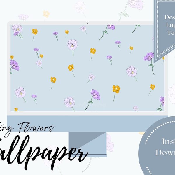 Flores flotantes: fondo de pantalla de computadora portátil de escritorio azul Mac / iPad / PC / tableta / Android / diseño simple de primavera