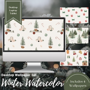 May include: A set of four digital desktop wallpapers featuring a winter watercolor theme. The wallpapers include a pattern of Christmas trees, presents, candy canes, and ornaments, a pattern of candy canes and bows, a pattern of Christmas trees with the text "Merry Christmas", and a pattern of winter-themed icons.