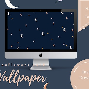 May include: A computer screen displaying a dark blue background with white crescent moons and small yellow stars. The text "Moon Flowers Wallpaper" is displayed below the screen.