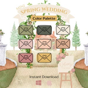 Peut inclure: Une illustration numérique d'une palette de couleurs pour un mariage printanier avec une arche florale, une maison et une pancarte de bienvenue. La palette de couleurs comprend des nuances de vert, de rose, de beige et de jaune. Le texte "Mini Spring Wedding Color Palette" est en haut de l'image. Le texte "Instant Download" est en bas de l'image.