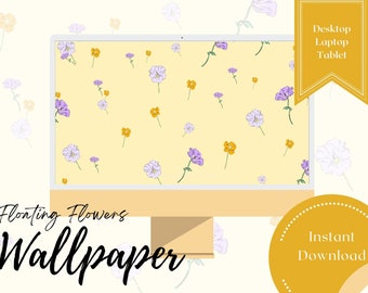 Floating Flowers- Yellow Desktop Laptop Computer Background Wallpaper Mac / iPad/ PC / Tablet / Android / Simple Spring Design