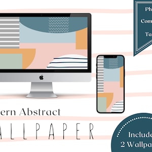 Pode incluir: Dois papéis de parede geométricos abstratos nas cores azul, verde, laranja e rosa. Os papéis de parede são mostrados em uma tela de computador e uma tela de telefone. O texto "Modern Abstract WALLPAPER" está abaixo das telas. O texto "Includes 2 Wallpapers" está em um círculo abaixo da tela do telefone.