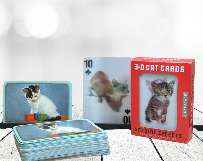 2 Cat themed playing cards - 1 x 3D cat deck - 1 x deck with cat on the back - Vintage - 90s and 60s - Free shipping