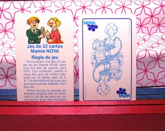 Non-standard deck of 32 playing cards "Mamie NOVA", vintage from 1998, made by R.C. In Paris France, in original box,