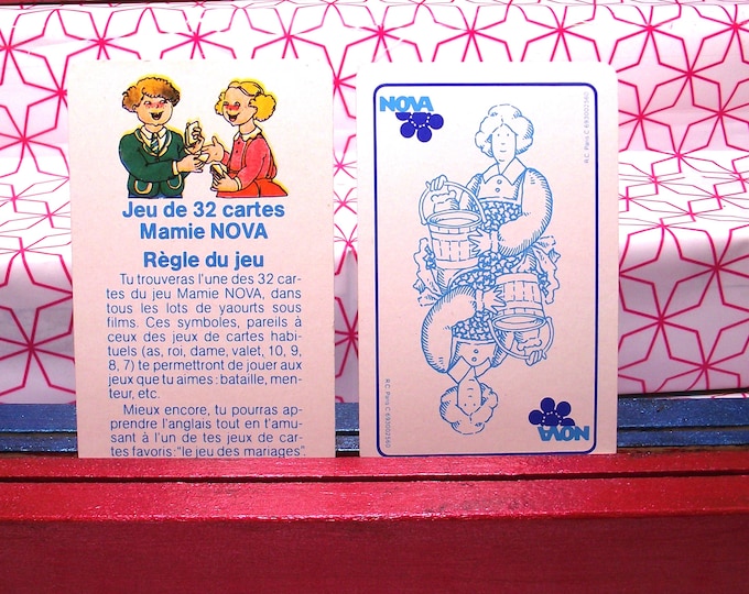 Non-standard deck of 32 playing cards "Mamie NOVA", vintage from 1998, made by R.C. In Paris France, in original box,