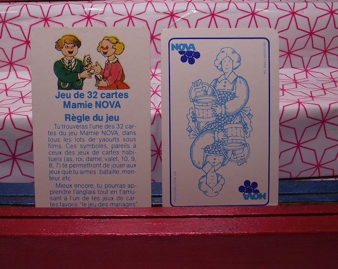 Non-standard deck of 32 playing cards "Mamie NOVA", vintage from 1998, made by R.C. In Paris France, in original box,
