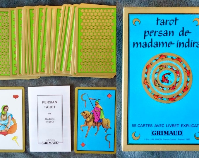 Colorful deck, Tarot Persan De madame Indira, Persian Tarot, by Grimaud, Vintage from 1981, 55 cards, author Madame Indira