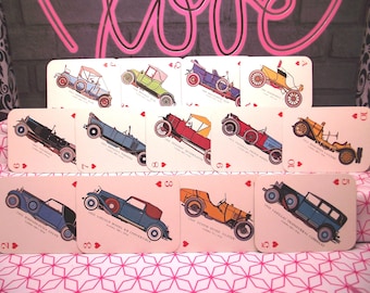 Rare and non-standard deck of 54 playing cards, illustrated with antique cars, 2 jokers, vintage from around 1970, unique card game