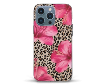 Leopard iPhone case Aesthetic cute hibiscus iPhone 16 15 pro iPhone 14 iPhone 13 12 Galaxy s24 s23 Trendy pink flowers Girly floral cover