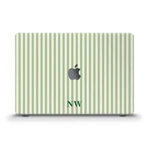 May include: A laptop case with a light green and off-white striped design. The Apple logo is visible, with the initials "NW" beneath it. The case is designed for a laptop and has a vertical stripe pattern.