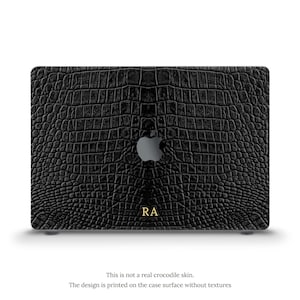Initialen MacBook-hoes Esthetische zwarte krokodil MacBook Air 13 inch Air 15 M2 M3 Pro 13 Pro 14 Pro 16 gepersonaliseerd monogram aangepaste donkere hoes