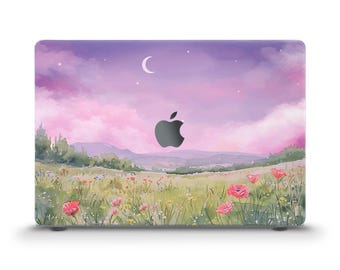 Funda para MacBook con diseño de naturaleza, nubes moradas y flores. Compatible con MacBook Air de 13 y 15 pulgadas, M5, M4 y Pro de 13, 14 y 16 pulgadas. Diseño de acuarela con un bonito paisaje veraniego. Funda femenina.