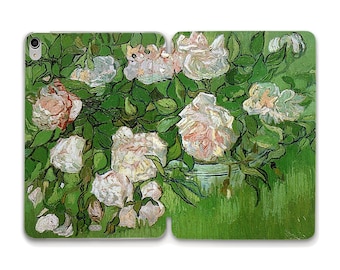 May include: A painting of a bouquet of white roses in a vase. The roses are painted in a vibrant style with thick brushstrokes, and the background is a lush green.