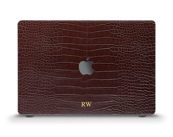 Initials MacBook case Personalized aesthetic unique MacBook Air 13 15 M5 Neo Pro 13 14 16 Custom monogram Dark brown crocodile print