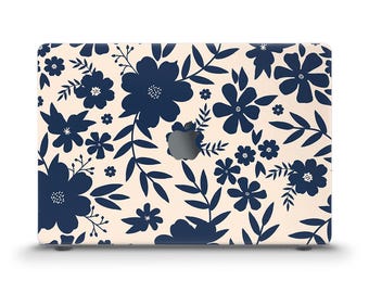 Aesthetic MacBook case Dark blue flowers MacBook Air 13 15 inch M5 M4 Pro 13 14 16 Floral design for girl Trendy elegant neutral beige case