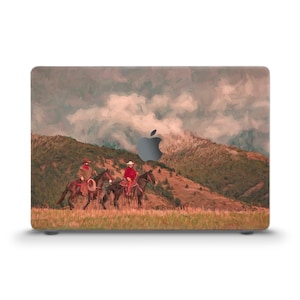 May include: A painting of two cowboys riding horses through a grassy field with mountains in the background. The sky is cloudy and the colors are muted.