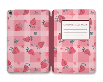 Cute iPad case Composition Book Custom Aesthetic iPad 10th 10.2 Air 5 10.9 Pro 12.9 11 Mini 6 iPad 9.7 Strawberries Pink Trendy Girly case