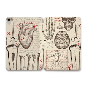 Può includere: Un'illustrazione in stile vintage di disegni anatomici su uno sfondo crema. L'illustrazione include un cuore umano, un cervello, ossa della mano, un cranio e una figura umana in un cerchio. L'illustrazione è circondata da testo scritto a mano e strumenti medici.