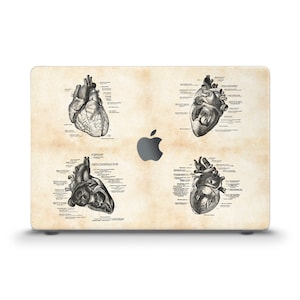 May include: A vintage-style illustration of a human heart with anatomical labels. The image is printed on a laptop skin with a beige background.