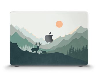 Nature MacBook case Mountains trees deer MacBook Air 13 Air 15 M2 M3 Pro 13 Pro 14 Pro 16 inch Aesthetic green landscape for men Trendy case