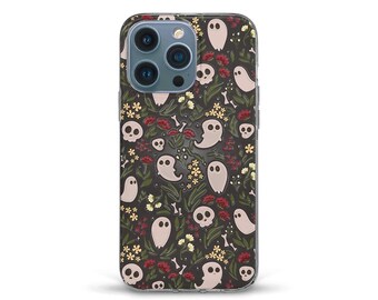 Funda gótica para iPhone con fantasmas de Halloween. Bonita funda para iPhone 16, 15, 14, 13, 12, Galaxy S24, S23. Diseño gótico floral de moda para Halloween.