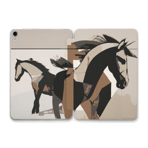 May include: A beige and brown phone case with a stylized illustration of two horses running. The horses are black and white with brown accents.