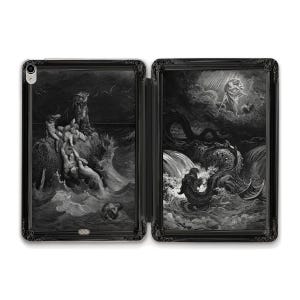 Może przedstawiać: Czarno-biała ilustracja sceny z Biblii, przedstawiająca mężczyznę połykanego przez morskiego potwora. Scena jest oprawiona w czarną ramę ze złotą ozdobą.