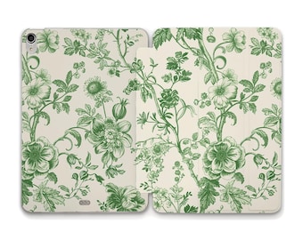 Floral iPad case Aesthetic green flowers iPad 10th 9th gen iPad Air 11 10.9 Pro 12.9 Mini 6th Chinoiserie vintage art style Greenery cover