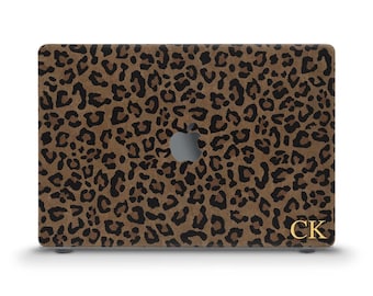 Initials MacBook case Aesthetic leopard Custom MacBook Air 13 15 M2 M3 M4 MacBook Pro 13 14 16 Personalized monogram Dark brown unique case