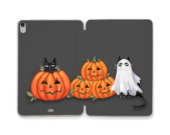 Cats iPad case Cute funny Halloween iPad a16 10th 9th Air 11 inch Pro 12.9 Mini 7 Autumn design with cats and pumpkins Gothic black case