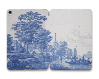 Art iPad case Aesthetic blue country iPad 10th 9th iPad Air 11 5th 10.9 Pro 12.9 Mini 6 Vintage drawing Cottagecore Rustic scenery cover